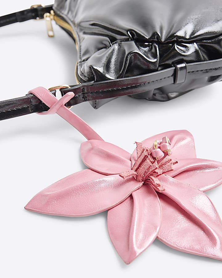 Black Faux Leather Flower Shoulder Bag
