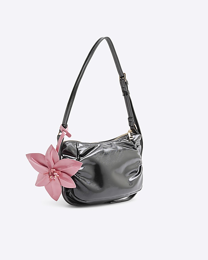 Black Faux Leather Flower Shoulder Bag
