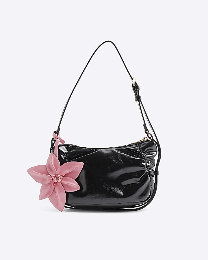 Black Faux Leather Flower Shoulder Bag