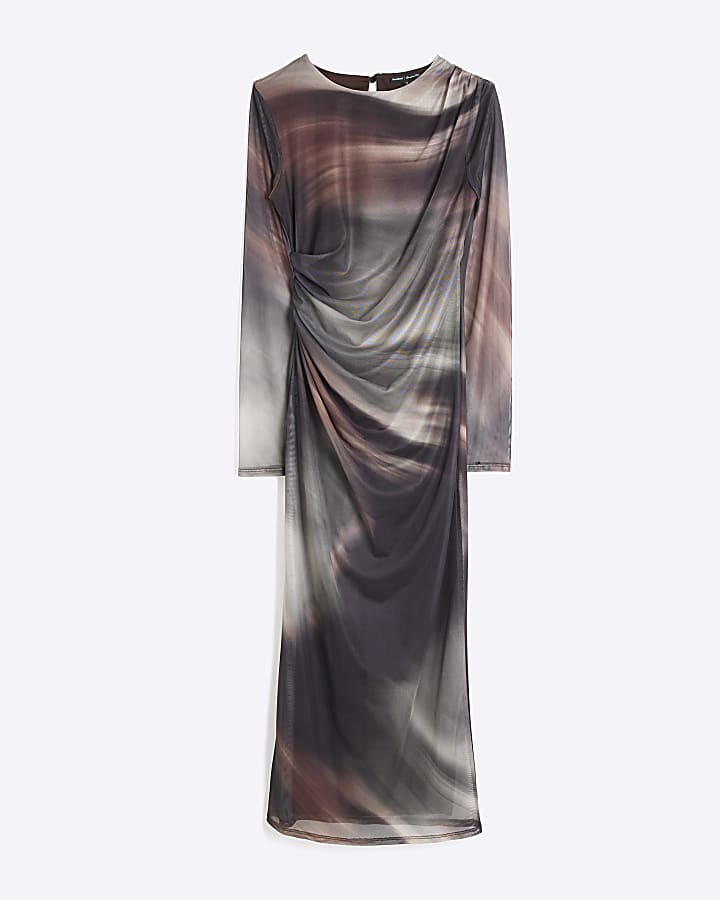 Brown Mesh Drape Blurred Print Midi Dress