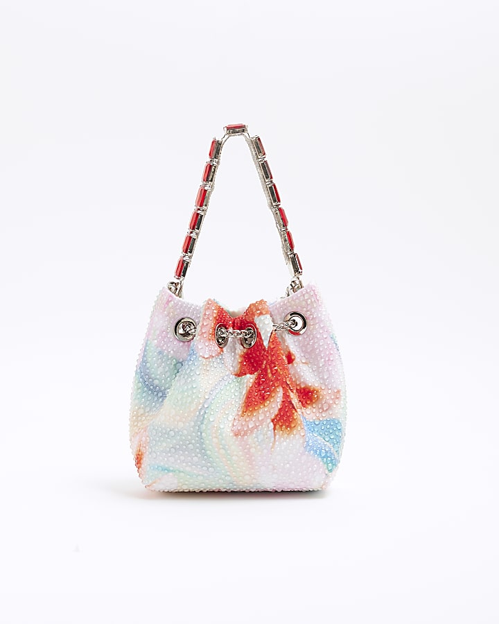 Multicoloured Embellished Floral Bucket Bag