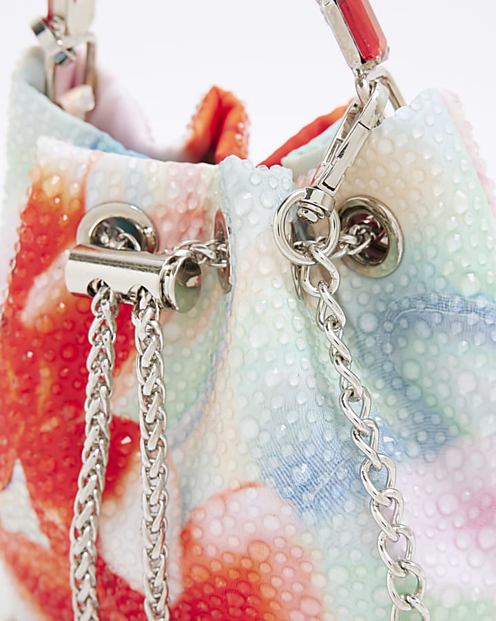 Multicoloured Embellished Floral Bucket Bag