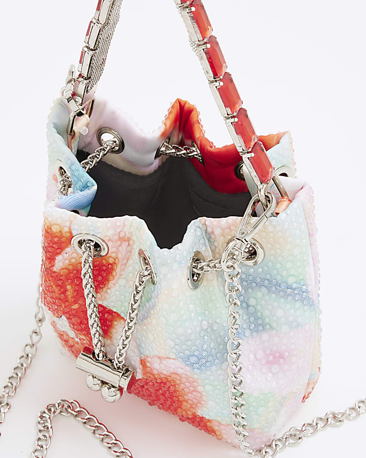 Multicoloured Embellished Floral Bucket Bag