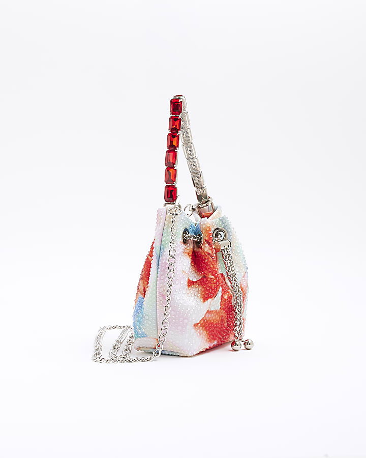 Multicoloured Embellished Floral Bucket Bag