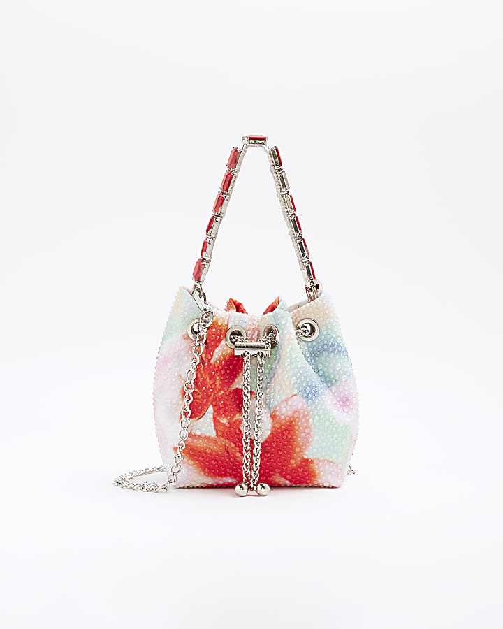 Multicoloured Embellished Floral Bucket Bag