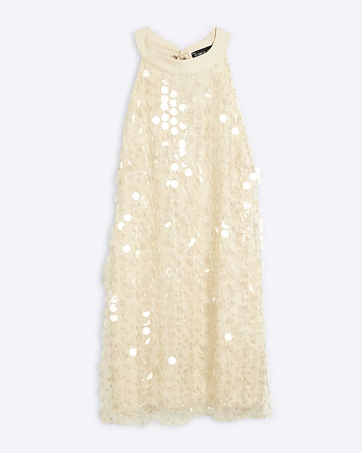 Cream Halter Neck Sequin Shift Mini Dress