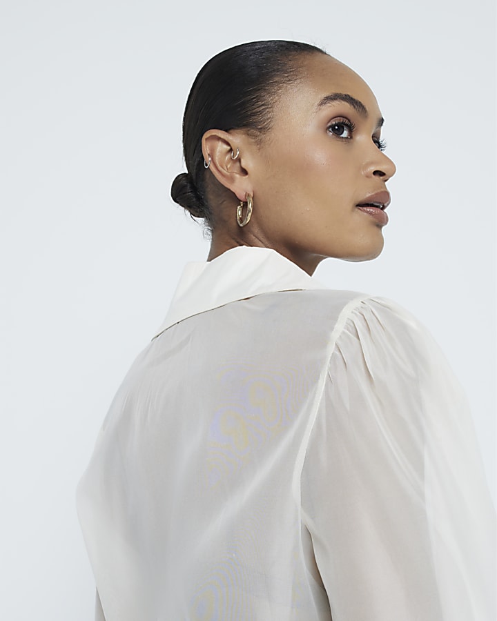 Cream Floral Applique Long Sleeve Sheer Shirt