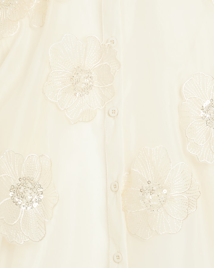Cream Floral Applique Long Sleeve Sheer Shirt