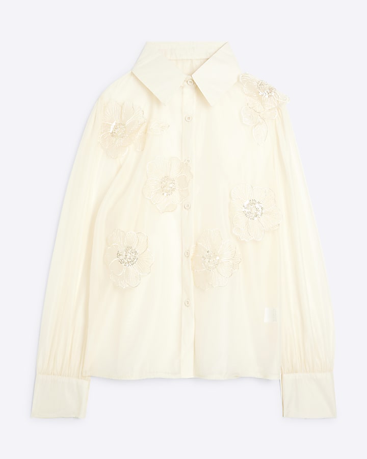 Cream Floral Applique Long Sleeve Sheer Shirt
