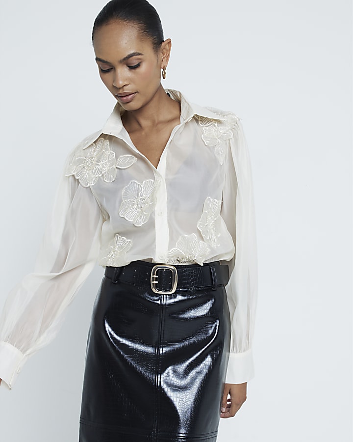 Cream Floral Applique Long Sleeve Sheer Shirt