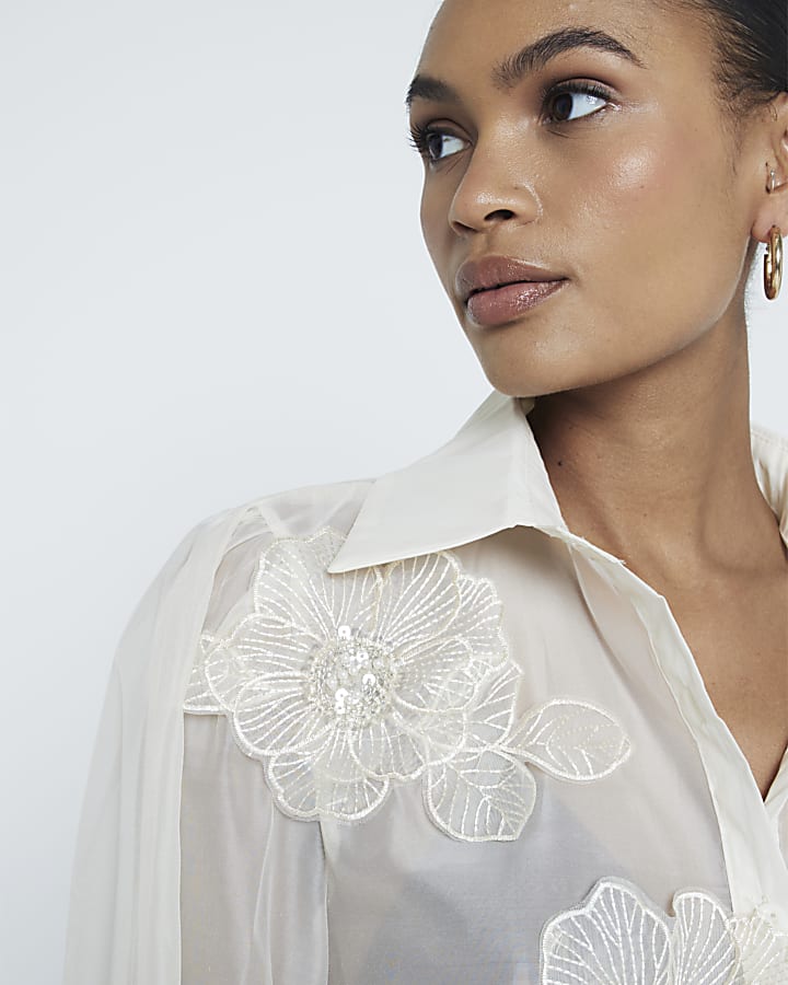 Cream Floral Applique Long Sleeve Sheer Shirt