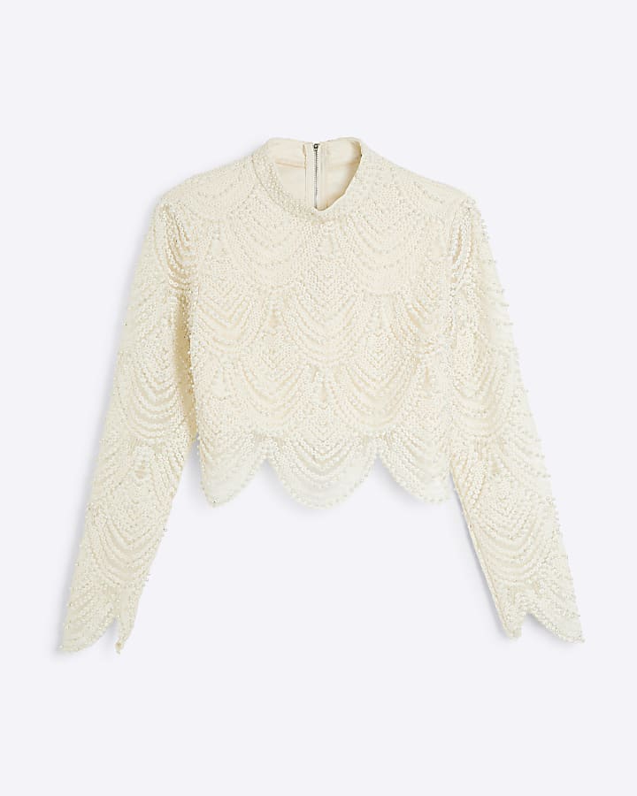 Cream Scallop Pearl long sleeve Top