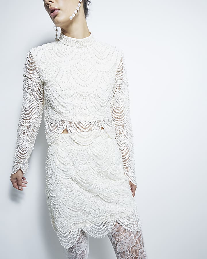 Cream Scallop Pearl long sleeve Top