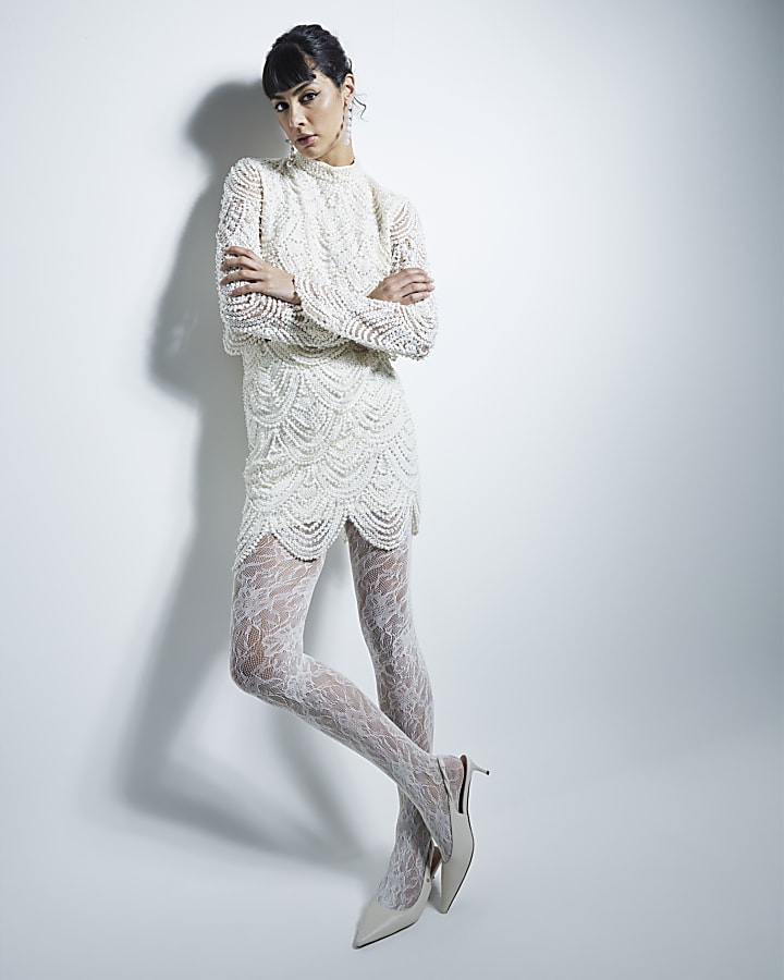 Cream Scallop Pearl long sleeve Top