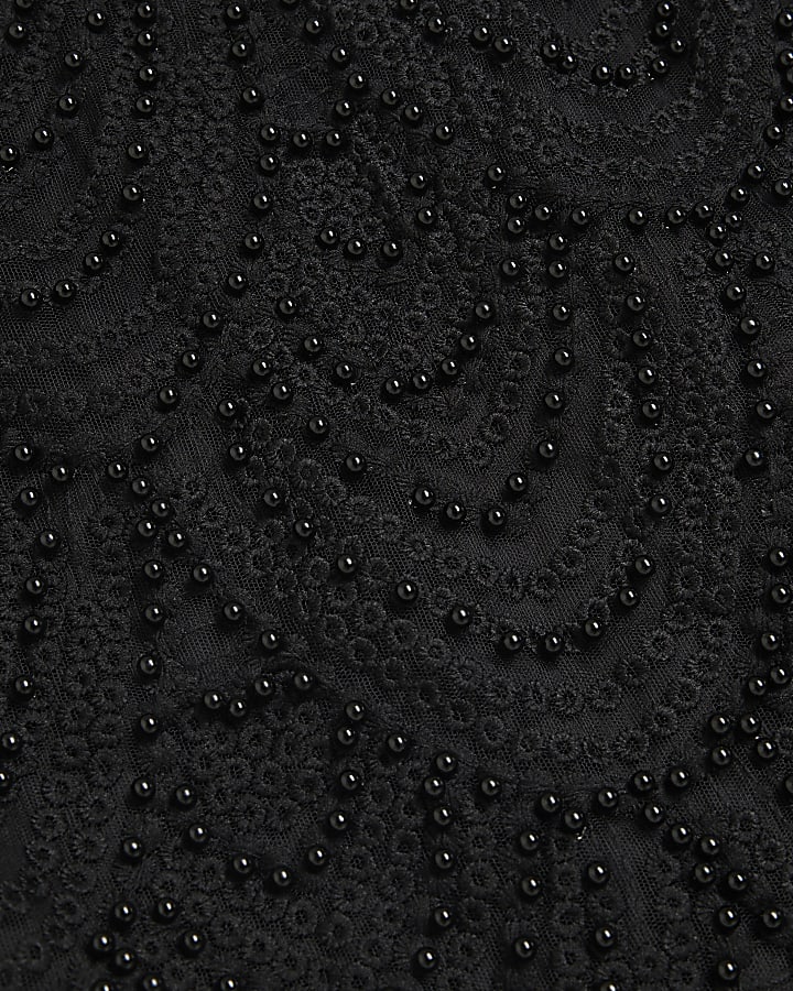 Black Pearl Embellished Scallop Hem Skirt