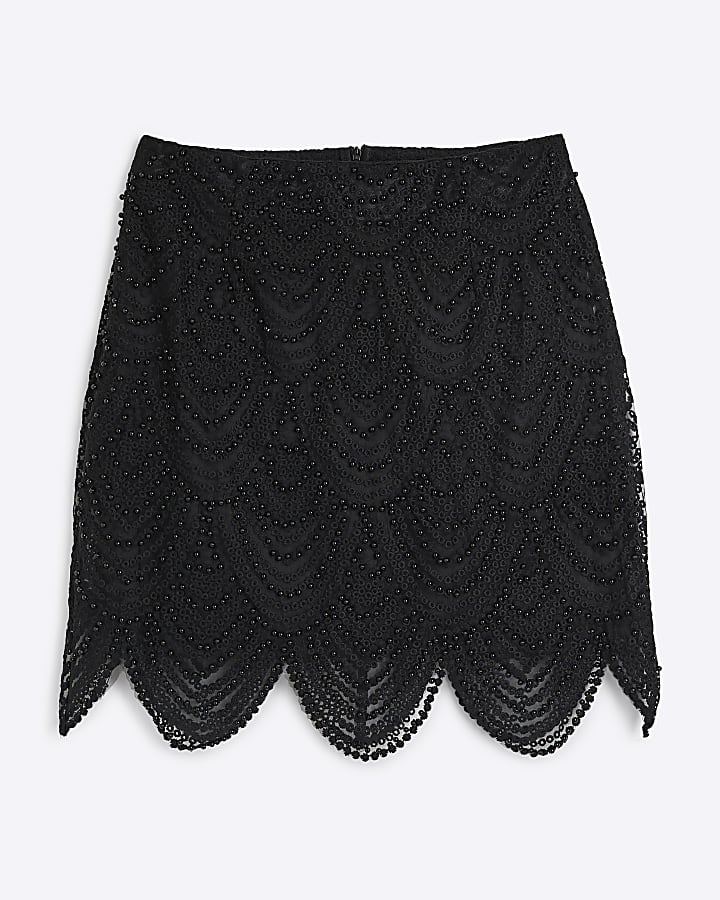 Black Pearl Embellished Scallop Hem Skirt