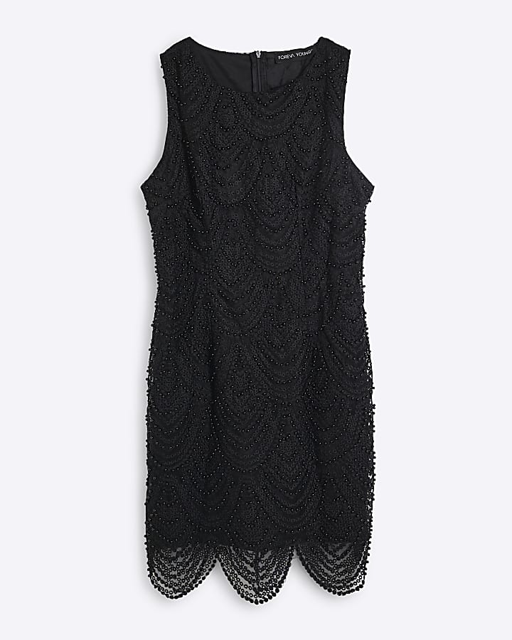 Black Pearl Embellished Scallop Hem Dress