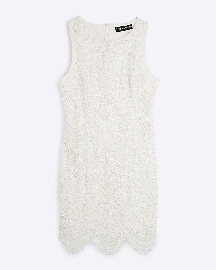 Cream Pearl Embellished Scallop Hem Dress