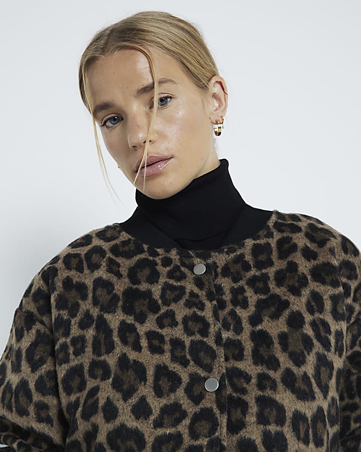 Brown Leopard Print Bomber Jacket