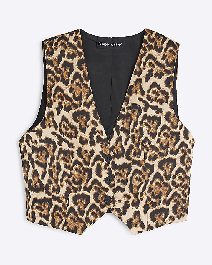 Brown Sleeveless Leopard Print Waistcoat