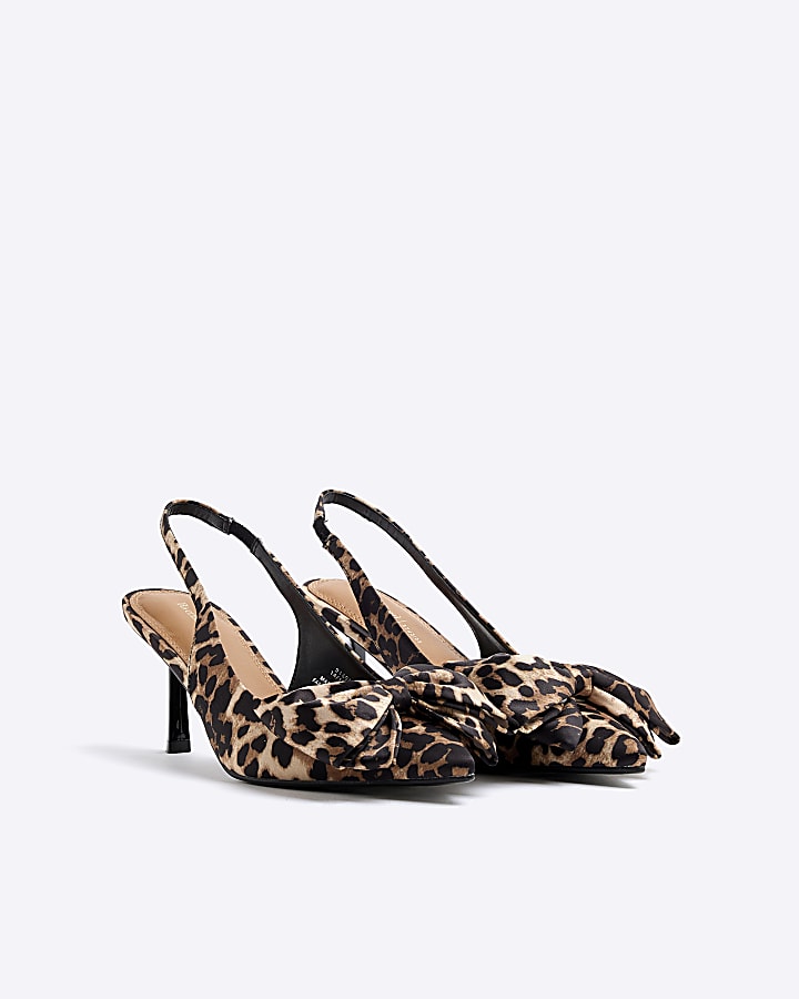 Brown Satin Leopard Sling Back Court Shoes