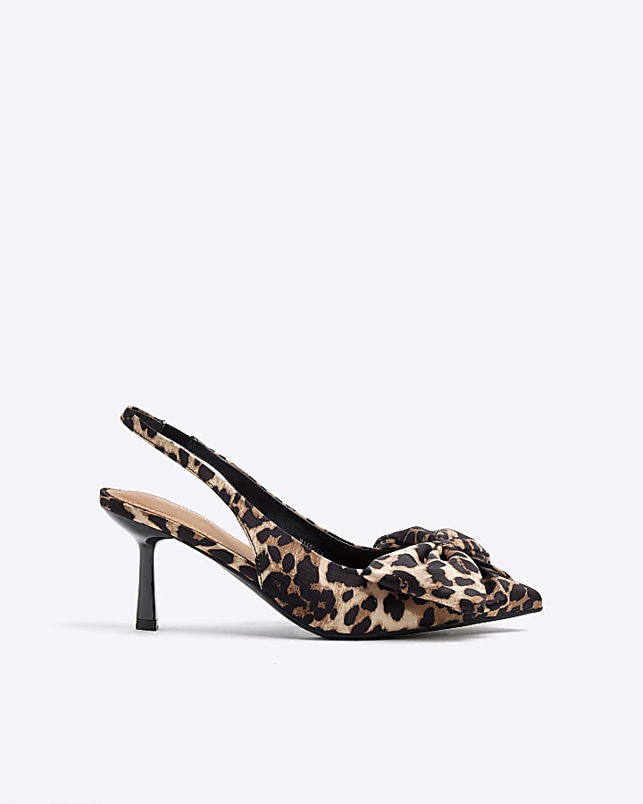 Brown Satin Leopard Sling Back Court Shoes