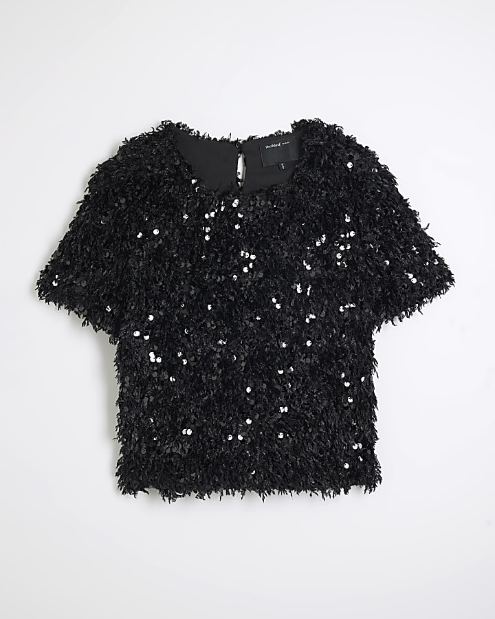 Black Feather Sequin T-Shirt