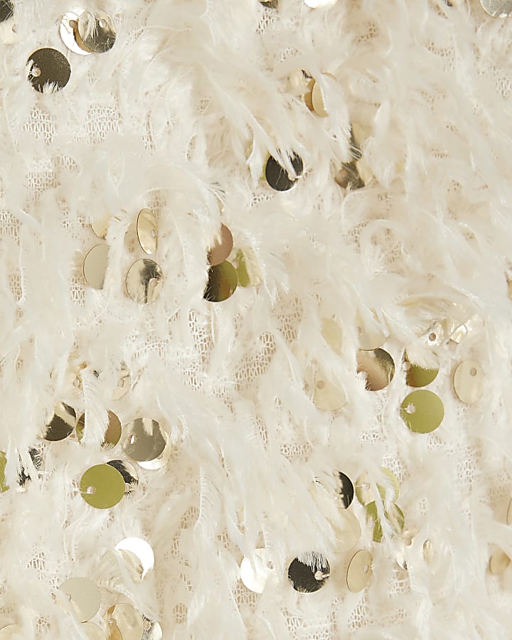 Cream Feather Sequin Mini Skirt