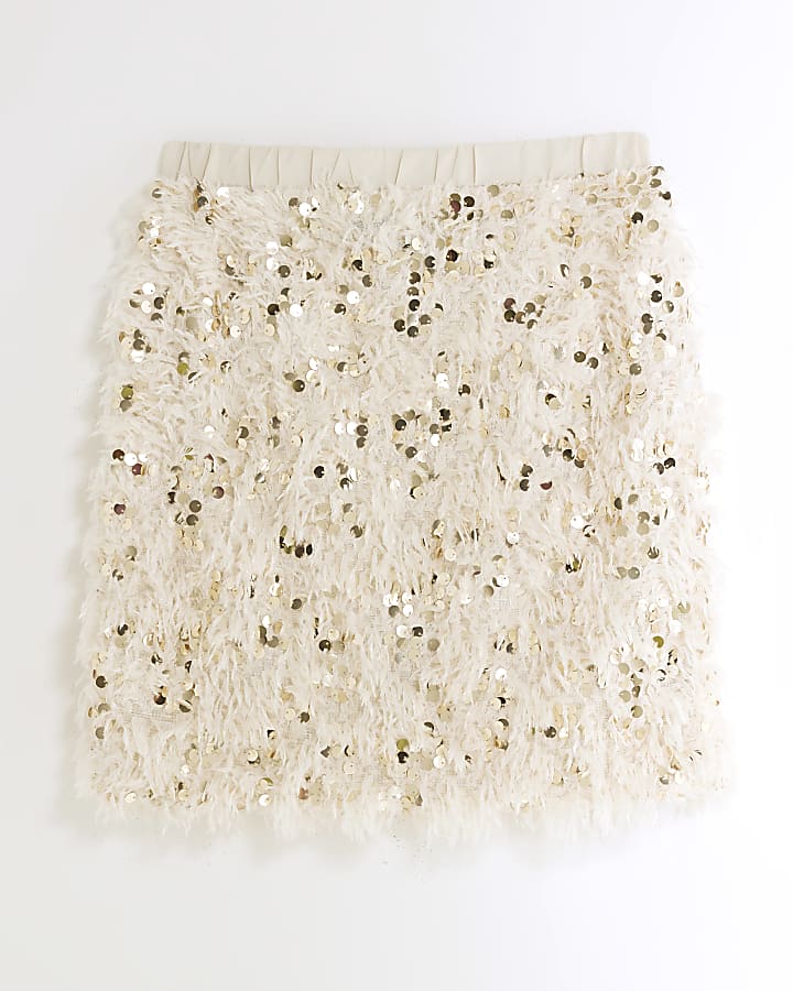 Cream Feather Sequin Mini Skirt
