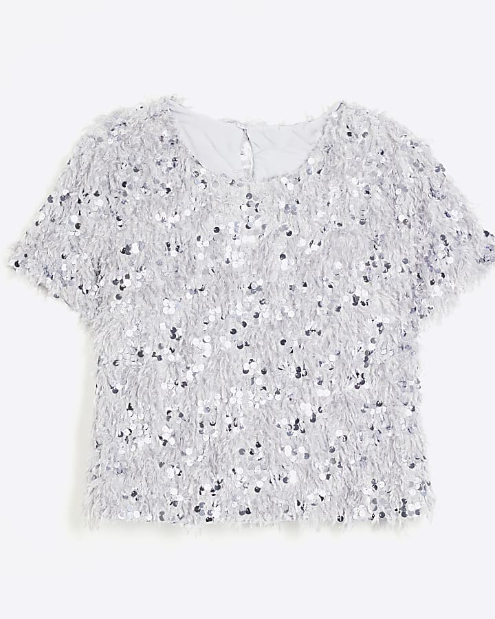 Silver Feather Sequin T-Shirt