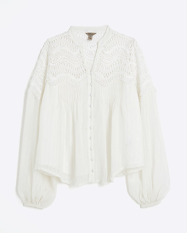 White Long Sleeve Pleated Lace Blouse