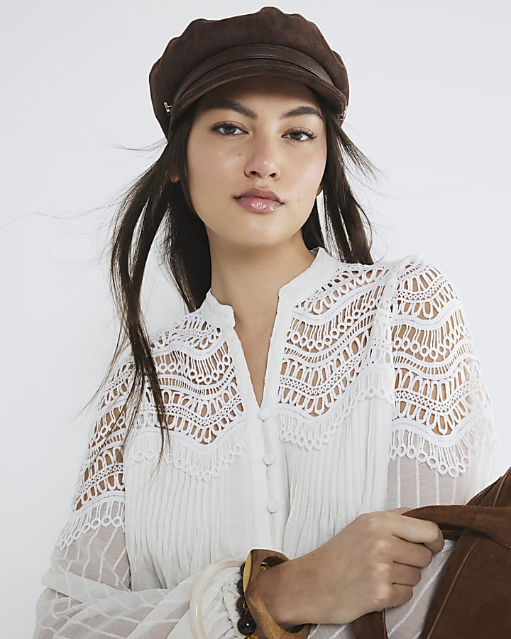 White Long Sleeve Pleated Lace Blouse