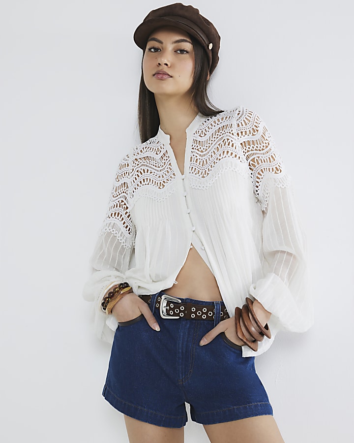 White Long Sleeve Pleated Lace Blouse