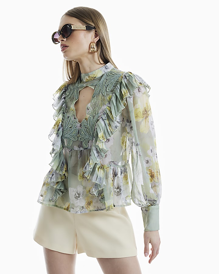 Green Ruffled Floral Blouse