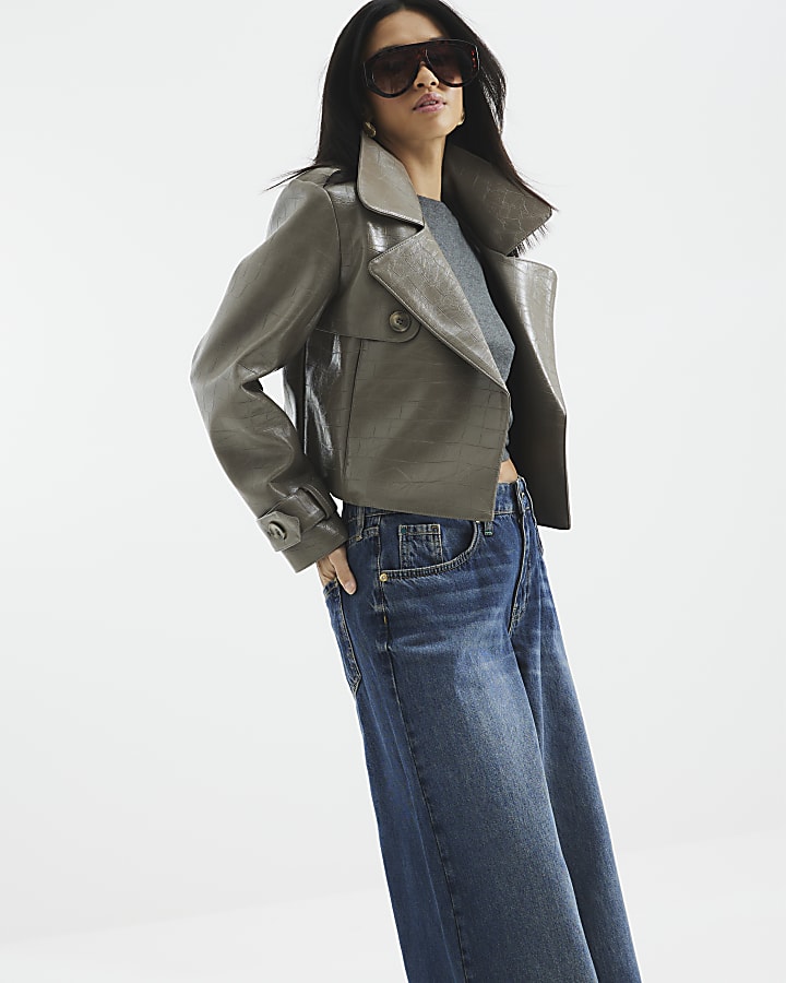 Petite Stone Faux Leather Cropped Trench Coat