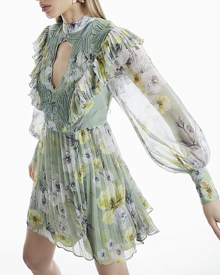 Green Premium Floral Ruffle Mini Dress