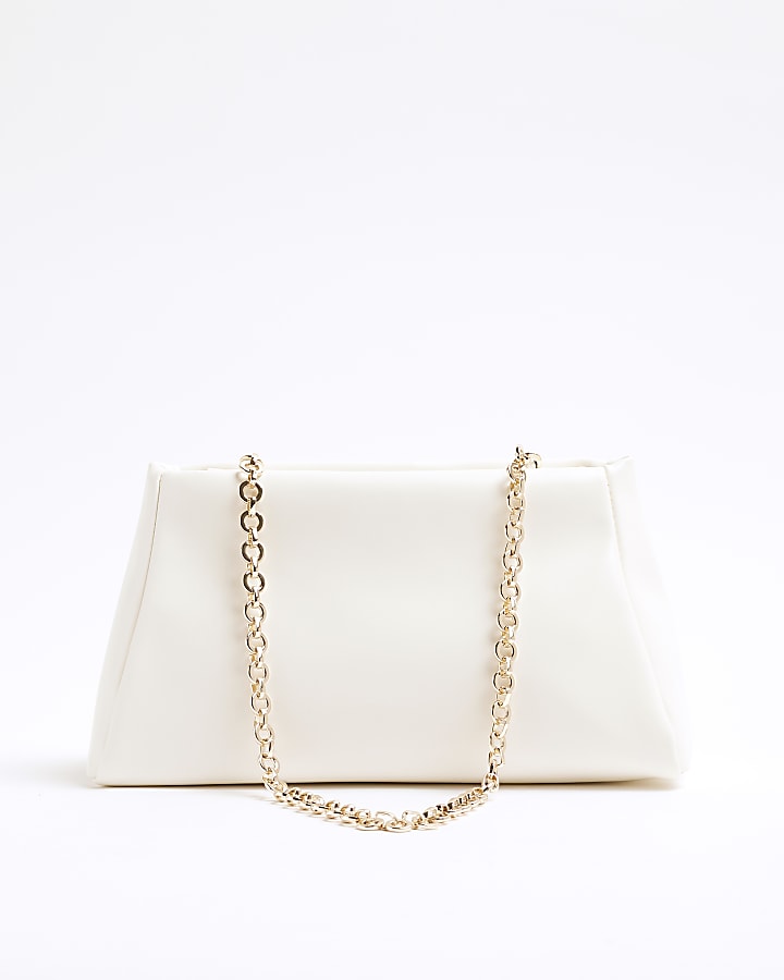 White Faux Leather Frame Top Clutch Bag