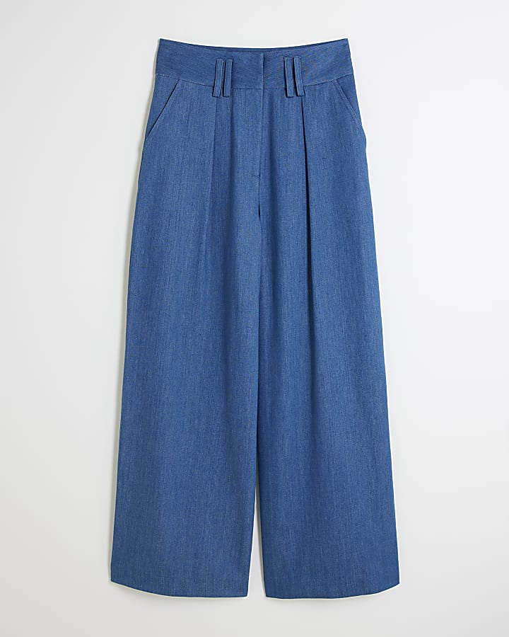 Blue Denim High Waisted Wide Leg Trousers