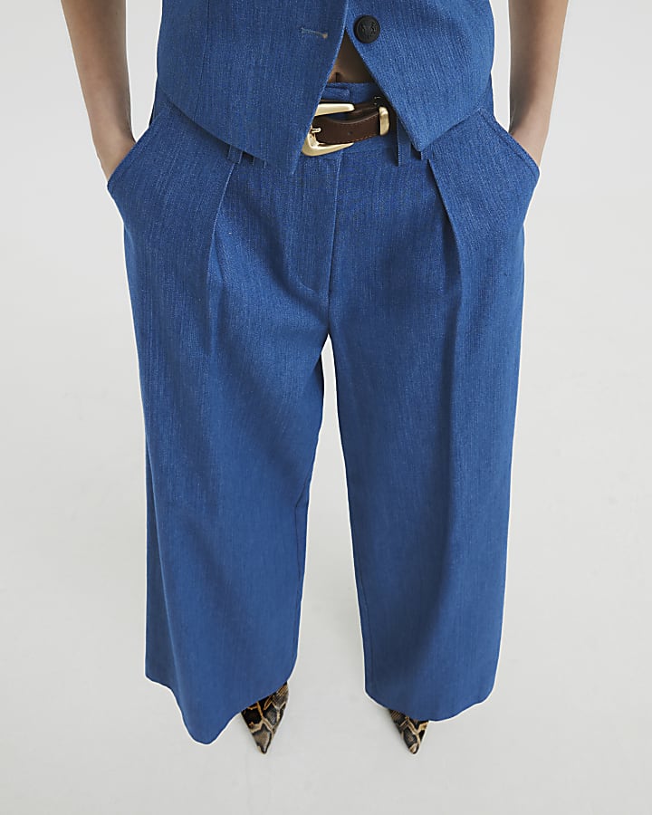 Blue Denim High Waisted Wide Leg Trousers