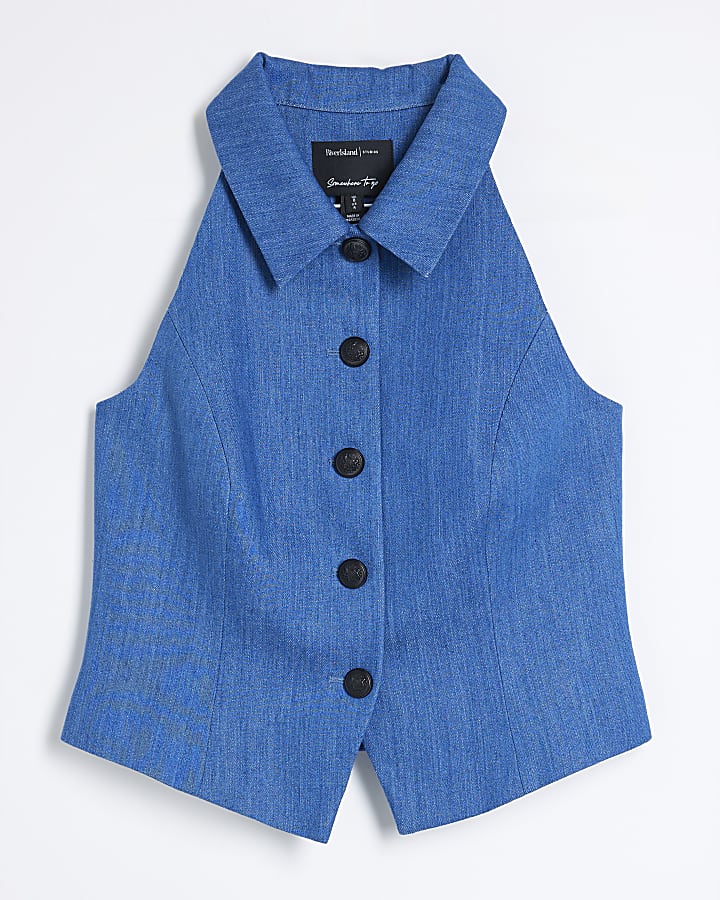 Blue Denim High Neck Collared Waistcoat