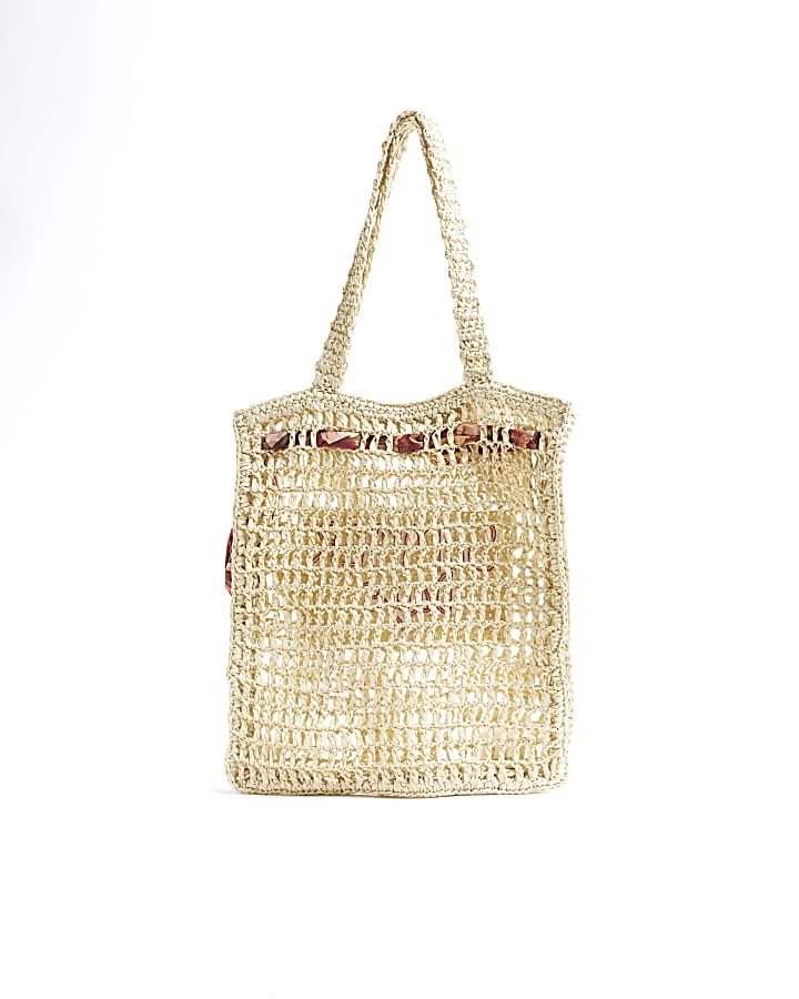 Beige Printed Raffia Scarf Shopper Beach Bag