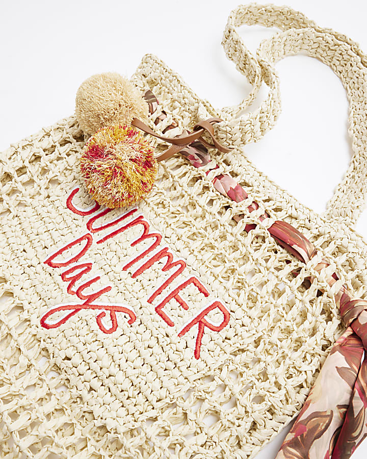 Beige Printed Raffia Scarf Shopper Beach Bag