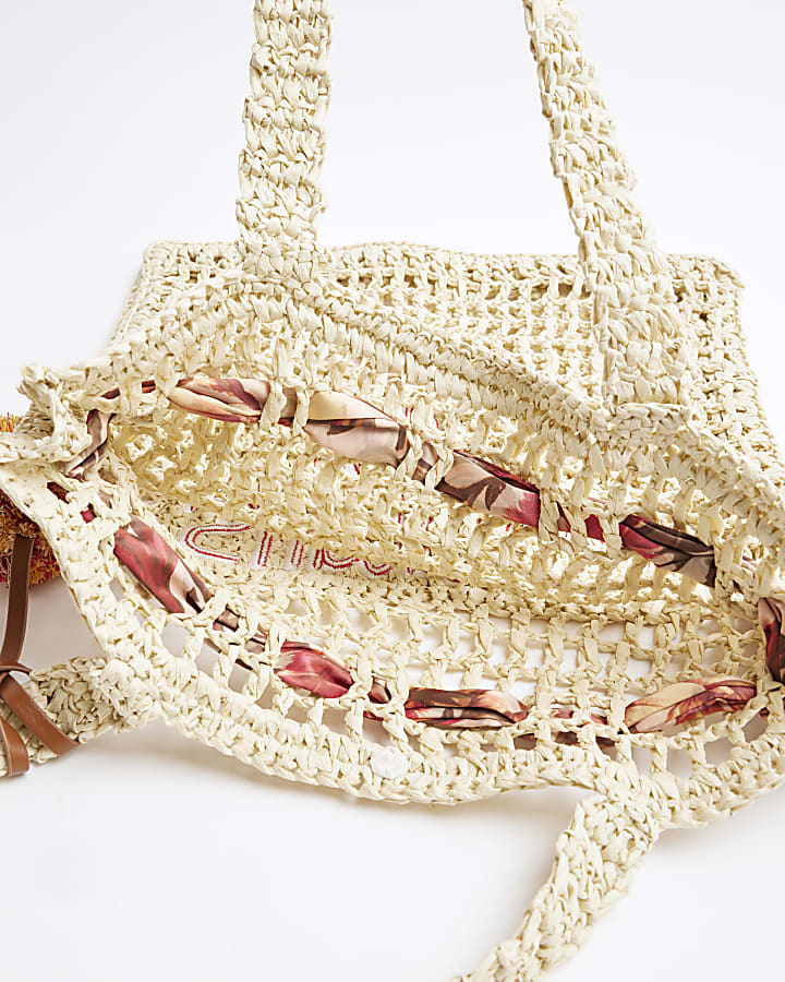 Beige Printed Raffia Scarf Shopper Beach Bag