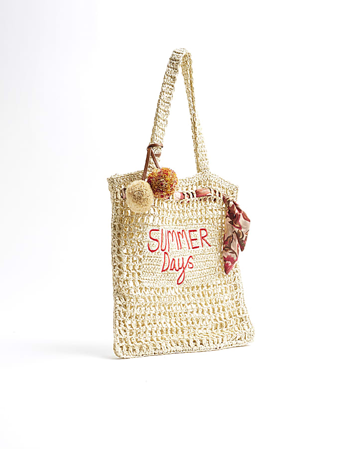 Beige Printed Raffia Scarf Shopper Beach Bag