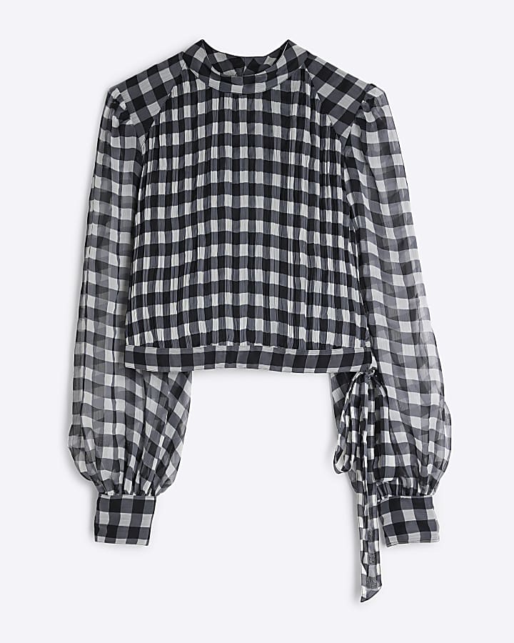 Black Gingham Long Sleeve Crop Top