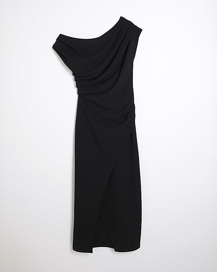 Black Asymmetrical Draped Wrap Midi Dress