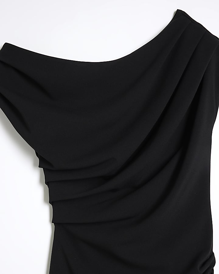 Black Asymmetrical Draped Wrap Midi Dress