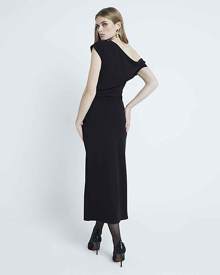 Black Asymmetrical Draped Wrap Midi Dress