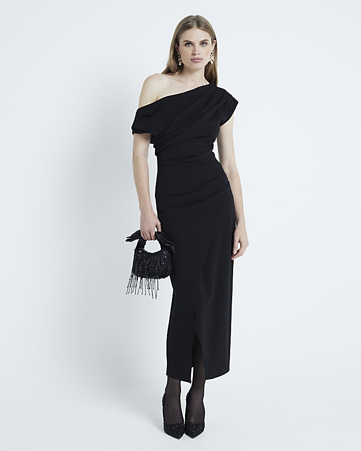 Black Asymmetrical Draped Wrap Midi Dress