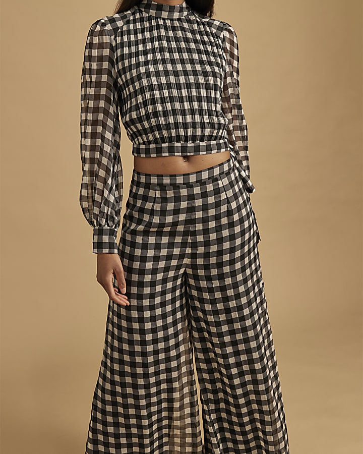 Black Gingham Wide Leg Trousers